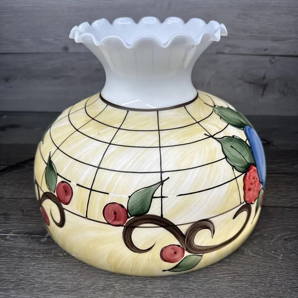 VTG Milky Glass Hand painted Hurricane Lamp Shade 14-3/4” Diameter 9-7/8”Tall